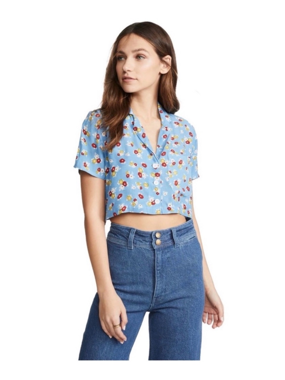 Faithfull the Brand Sky Blue Floral Cropped Shirt